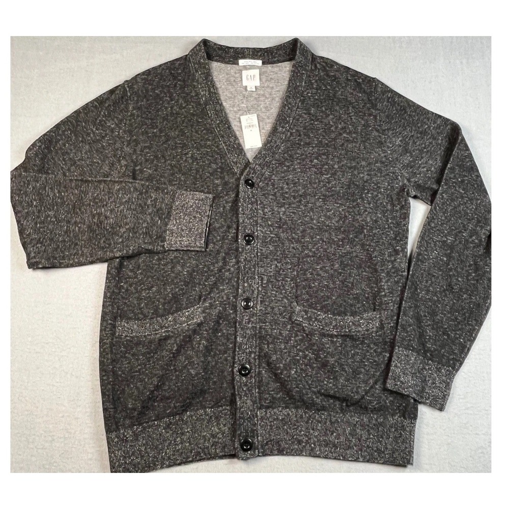 GAP‎ Cardigan Sweater Men Medium Charcoal Heather Knit Button Front Linen Blend